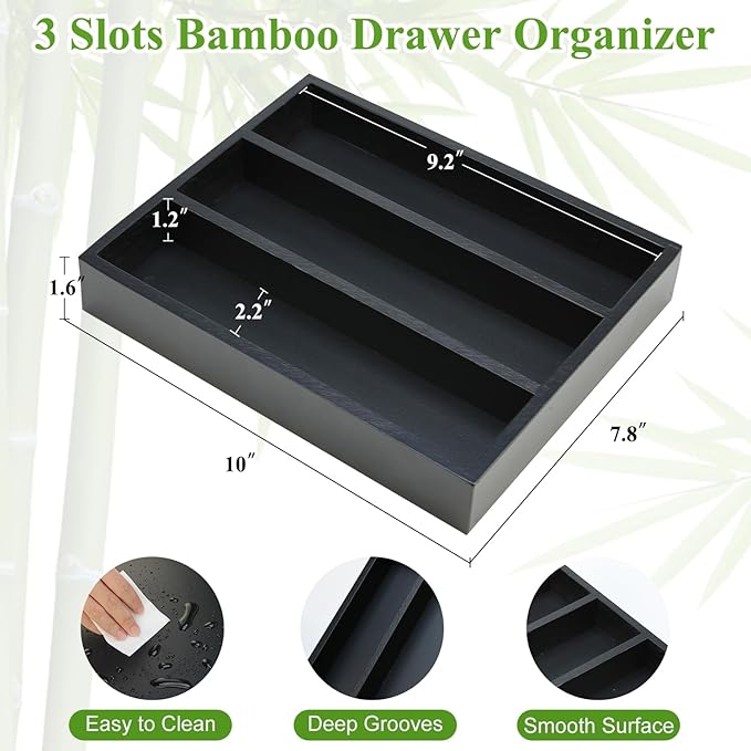 Small Silverware Drawer Organizer Kitchen Utensils Bamboo Cutlery Tray Narrow Flatware Organizer For Drawer Skinny Spoon Fork Holder Drawers Slim Silverware Tray Black Flatware Cutlery Organizer