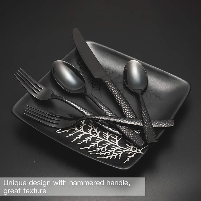 Flatware Set Silverware Set 20 Pieces Mirror Finished Black Stainless Steel Cutlery Set Forged with Hammered Handle Service for 4