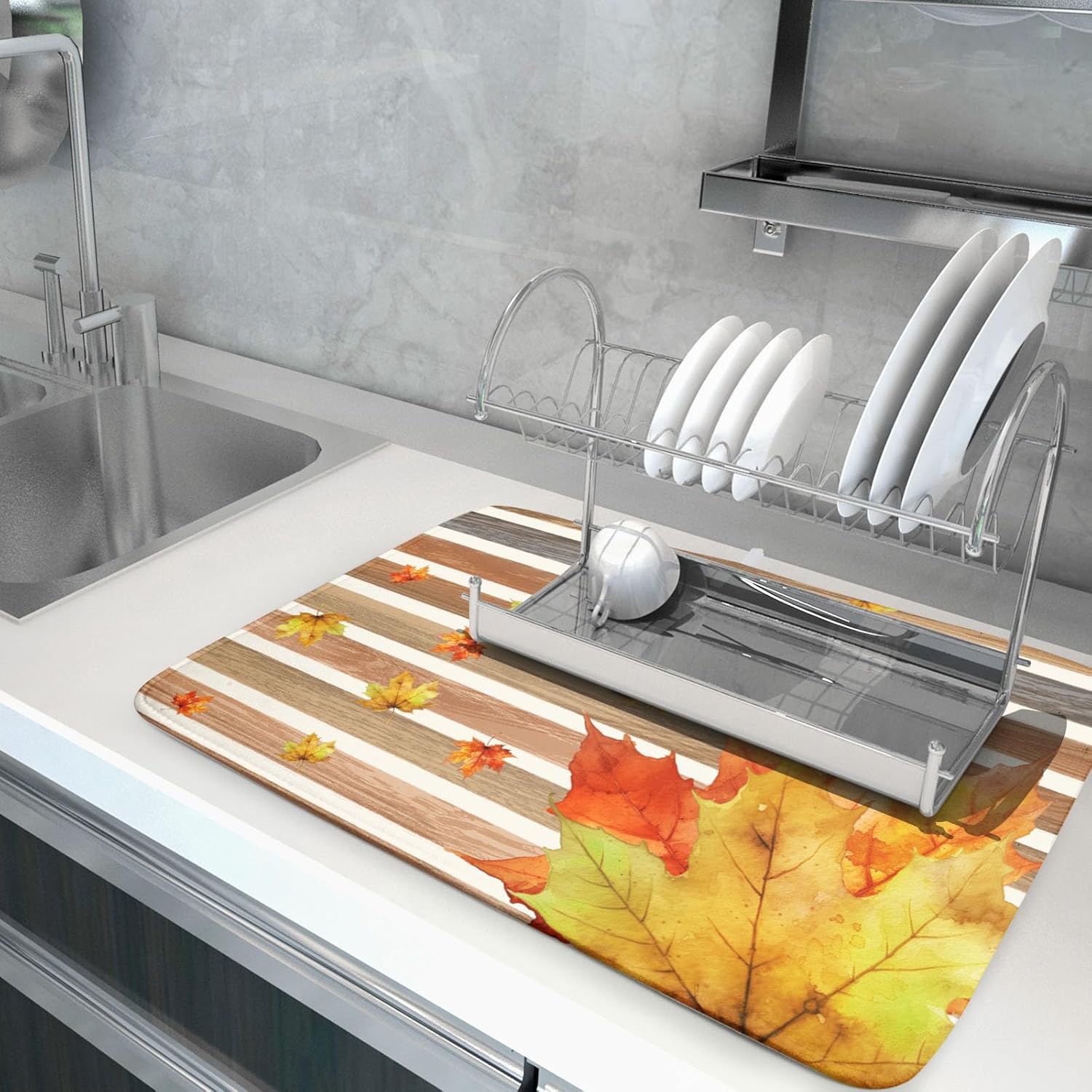 Autumn Golden Maple Leaf Dish Drying Mat for Kitchen Counter,Rural Wood Light Brown Stripes Drying Mat 18 x 24 Inch Microfiber Dish Drying Pad Dish Rack Drainer Mat for Coffee Bar