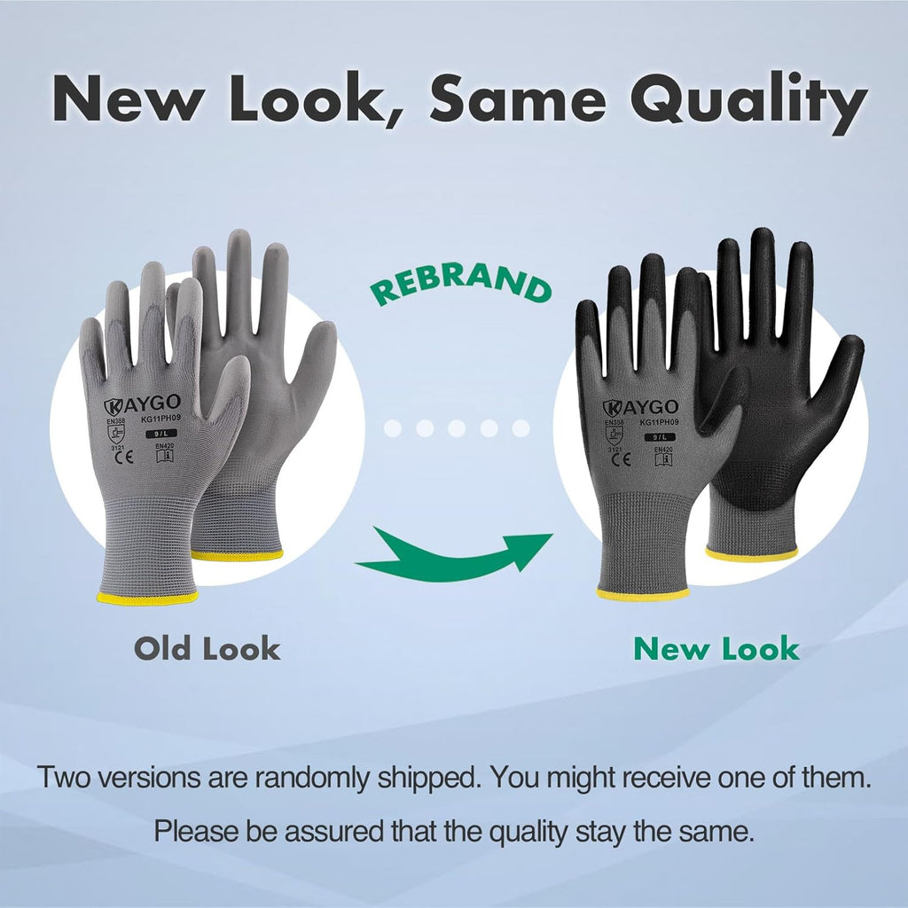 KAYGO Safety Work Gloves PU Coated-12 Pairs KG11PB Seamless Knit Glove with Polyurethane Coated Smooth Grip on Palm & Fingers for Men and Women, Gray,Large