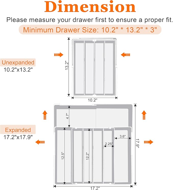 Expandable Large Silverware Organizer - BPA-Free Utensil Organizer for Kitchen Drawer, Adjustable Silverware Drawer Organizer Flatware Cutlery Tray for Spoons Forks Knives,10.2"-17.2" Wide