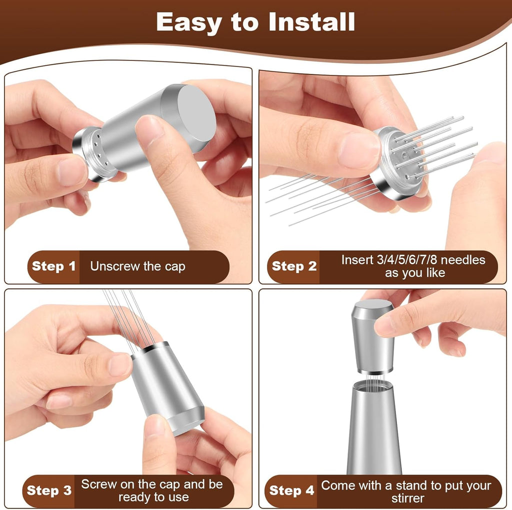 WDT Espresso Distribution Tool, 0.35mm 8 Needle Coffee Stirrer with 8 Extra Needles, 304 Stainless Steel, Aluminum Alloy Handle with Stand, Barista Espresso Whisk Tool (Metal Silver)