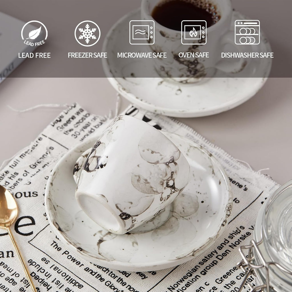 SIDUCAL Espresso Cups Set of 6,2 Ounce Ceramic Coffee Cups with Saucers,Porcelain Double Espresso Shot Cup Set,Gift Box for Boyfriend Gift(White)