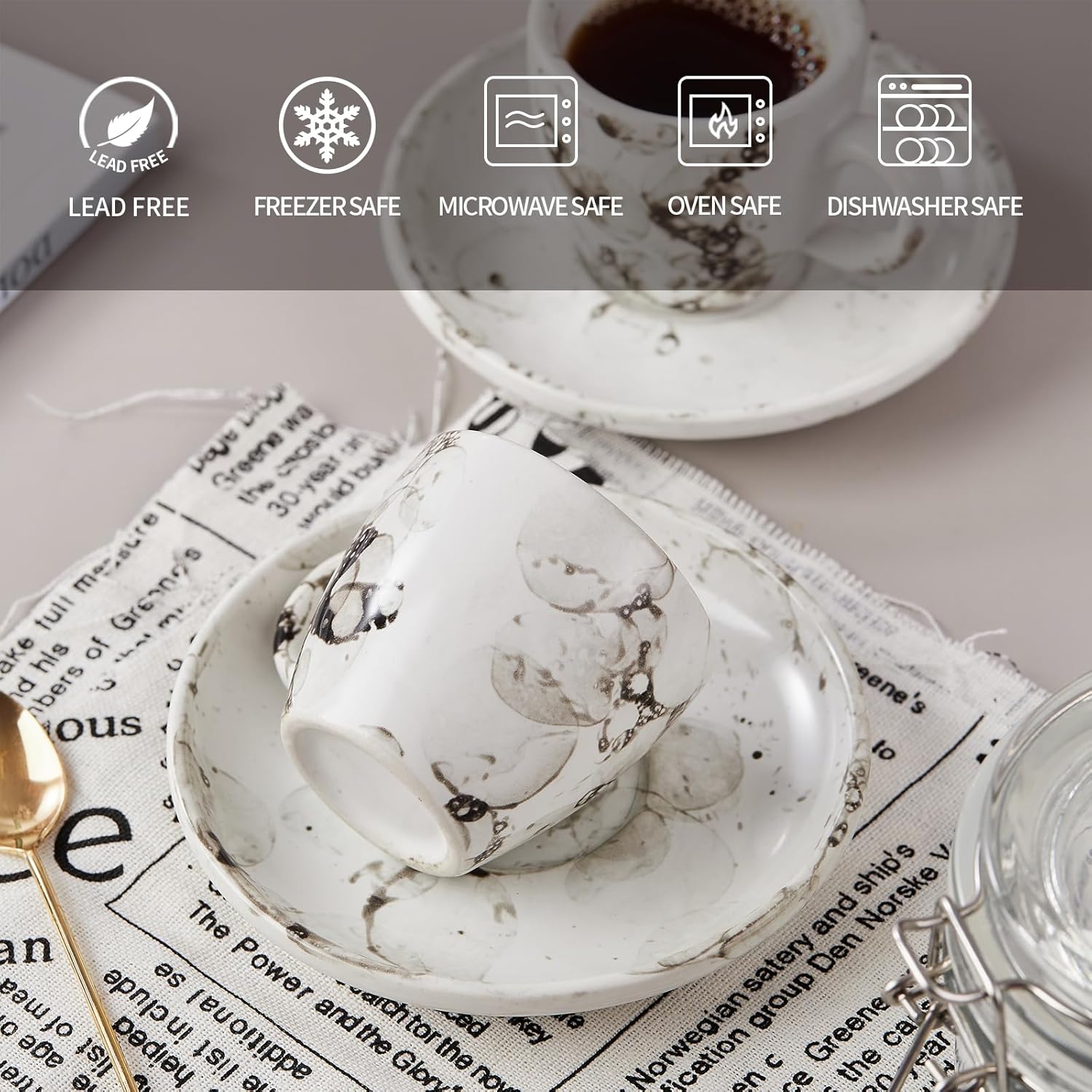 SIDUCAL Espresso Cups Set of 6,2 Ounce Ceramic Coffee Cups with Saucers,Porcelain Double Espresso Shot Cup Set,Gift Box for Boyfriend Gift(White)