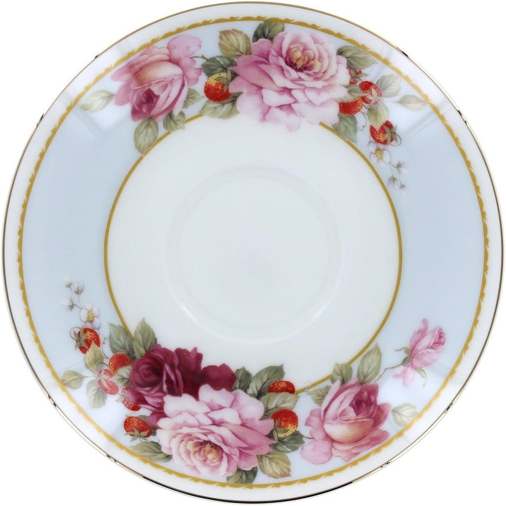 Peony and Strawberry Blue Bone China - Teacup and Saucer Set of 4