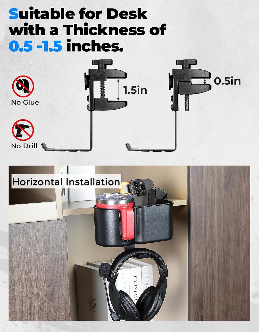 KEMIMOTO Desk Cup Holder with Headphone Hanger, 2 in 1 Caddy Organizer for Office Table, Lawn Chair, Golf Cart, Pontoon Boat, Fit for Most 18-32 oz Bottles (1)