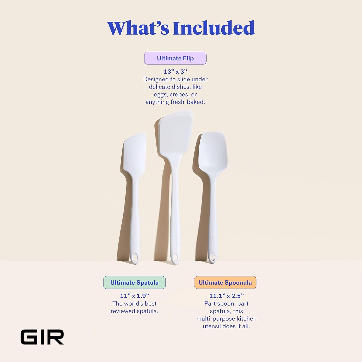 GIR: Get It Right 3-Piece Cooking Utensils & Spatula Set - Studio White, 11 In - Heat Resistant to 425°F - Nonstick-Friendly Tools - Dishwasher-Friendly - Food-Grade Silicone Spatulas