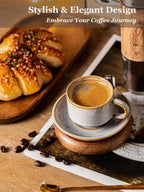 Gomakren 2.5 Ounce Espresso Cups Set of 4, Small Stackable Coffee Cups with Saucers and Metal Stand, Porcelain Demitasse Cups for Specialty Coffee Drinks, Espresso, Cappuccino, Latte, Tea, Gray