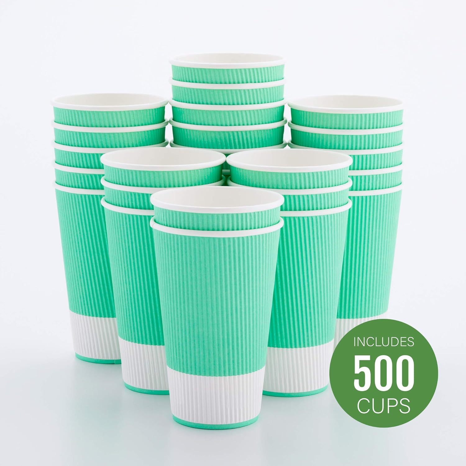 Restaurantware 16 Ounce Double Wall Disposable Coffee Cups, 500 Insulated Light Green Paper Tumblers with Ripple Wall Design, Lids Sold Separately for Hot Drinks like Tea, Hot Chocolate and More
