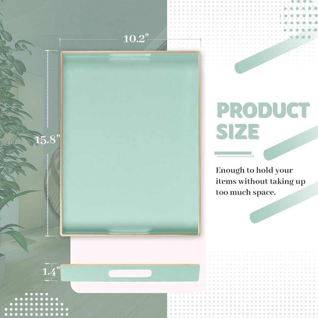 MAONAME Mint Green Serving Tray with Handles, Modern Decorative Trays for Coffee Table, Plastic Rectangular Trays for Ottoman, Bathroom, Decor, 15.8” x 10.2” x1.4