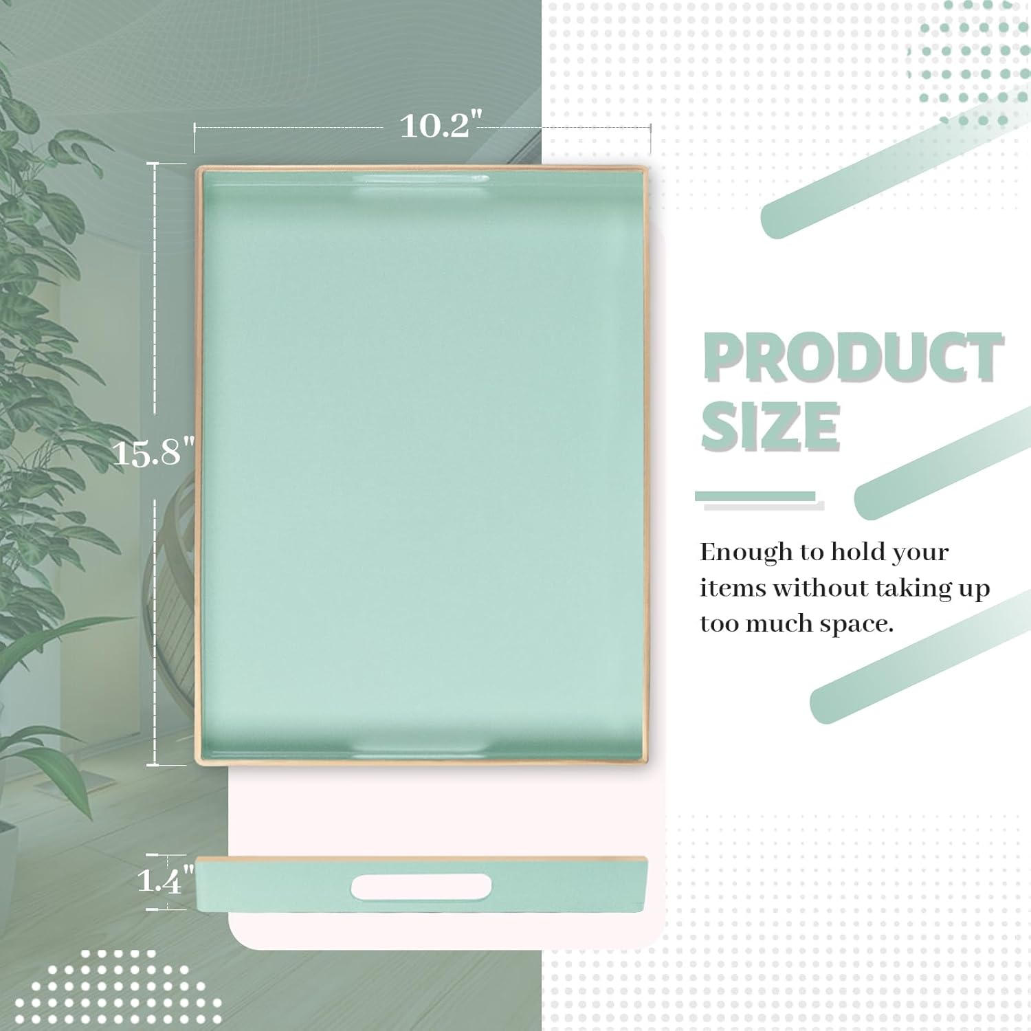 MAONAME Mint Green Serving Tray with Handles, Modern Decorative Trays for Coffee Table, Plastic Rectangular Trays for Ottoman, Bathroom, Decor, 15.8” x 10.2” x1.4