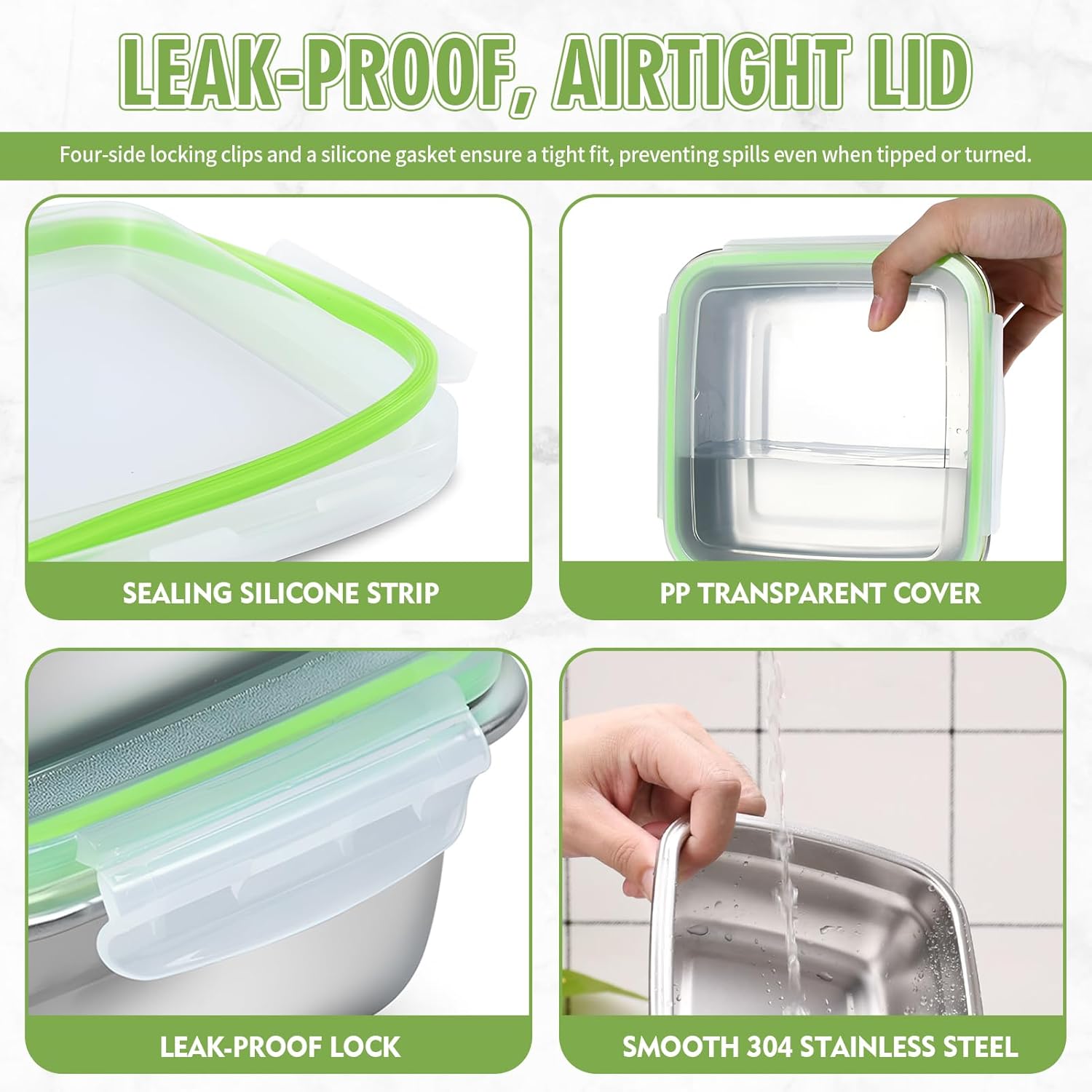 3 Pack Sandwich Containers, 24oz Stainless Steel Sandwich Box with Airtight Lids, Reusable Metal Meal Prep Lunch Boxes, BPA-Free, Dishwasher Safe, Food Storage Containers for Families (Green)