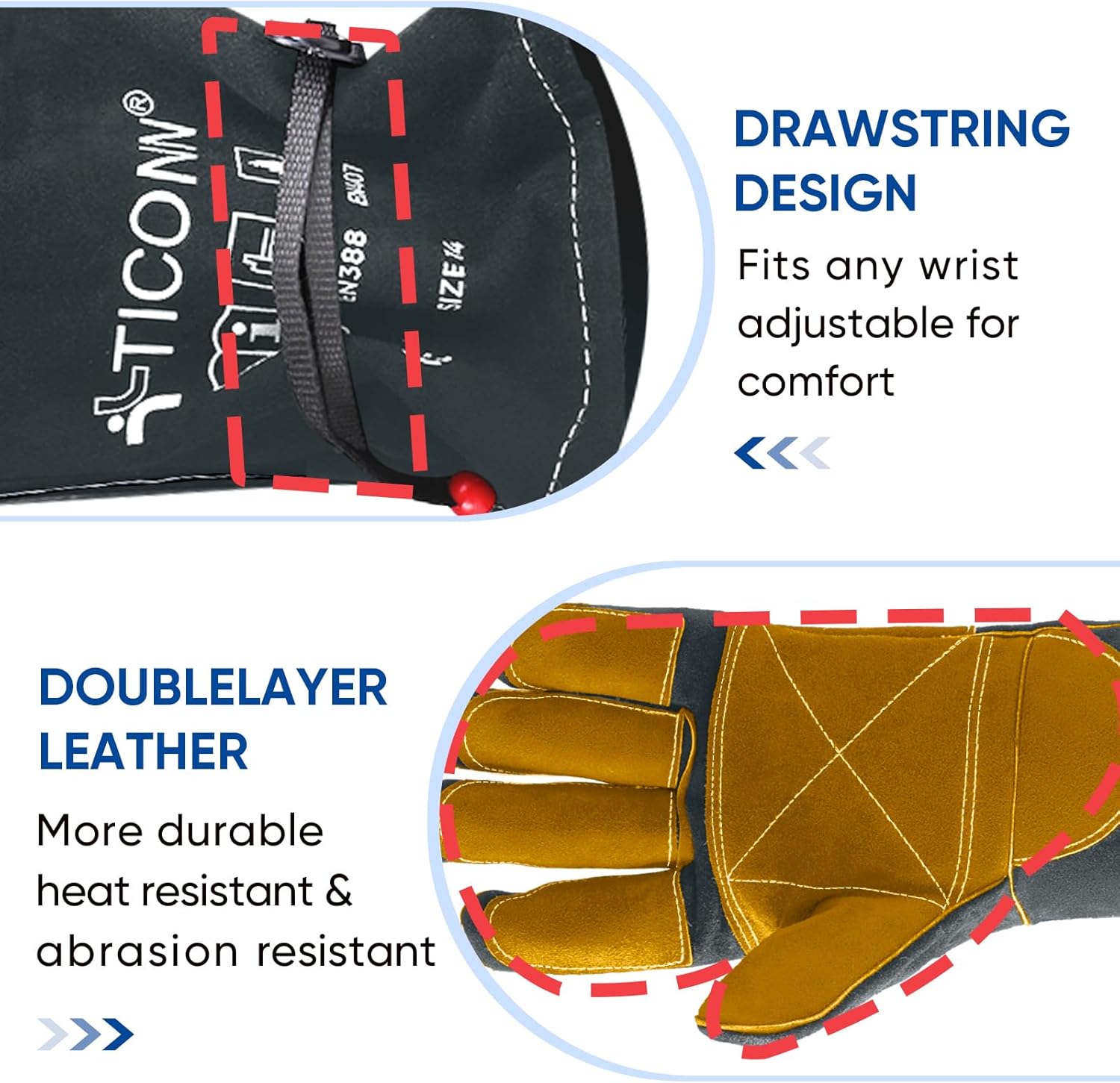 TICONN Welding Gloves, 1000°F Heat-Resistant Fireproof Leather Gloves for Welders, Stick, Forge, Mig, Tig, BBQ, Baking, Oven