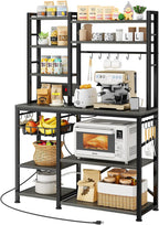 Baker Rack with Power Outlet - Microwave Stand with Storage, Large Coffee Bar Station with 14 Hooks, Metal Kitchen Shelf Rack for Spices, Pots (Rustic Grey)