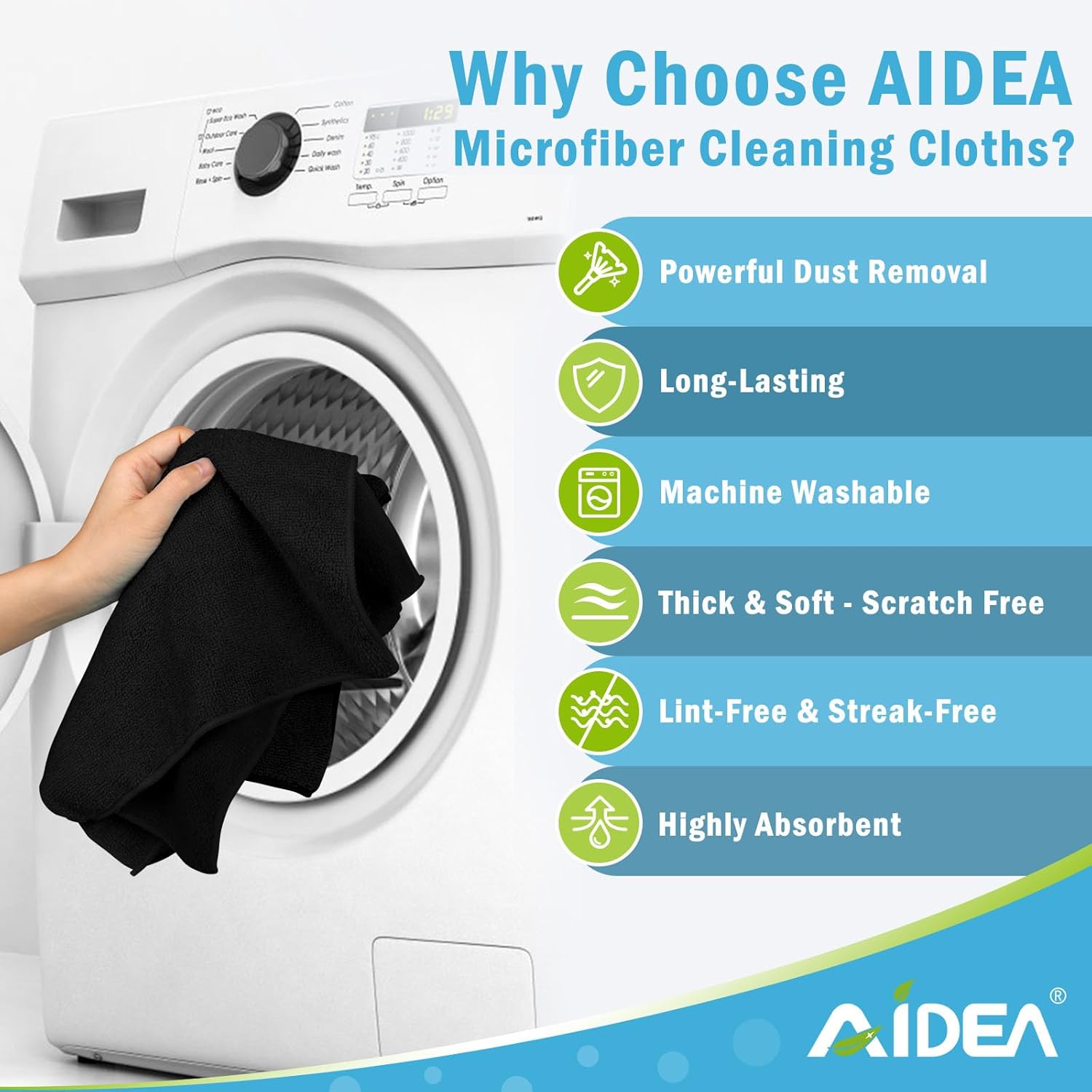 AIDEA Microfiber Cleaning Cloth-150PK, Soft Microfiber Towels for Cars, Absorbent Cleaning Rags, Lint-Free Streak-Free Wash Cloths for House, Kitchen, Window(12in.x12in), Black