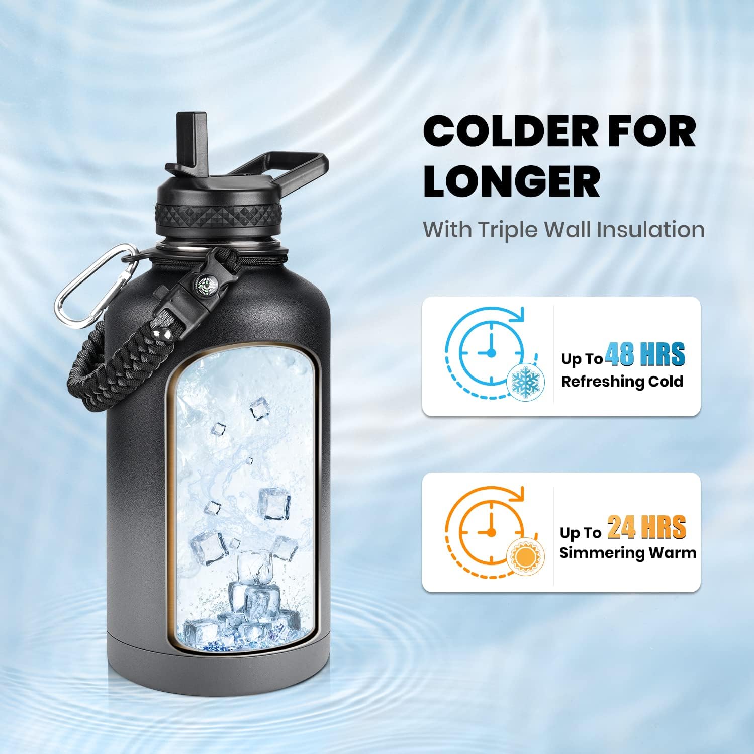 Insulated Water Bottle 64 oz, Triple Wall Vacuum Stainless Steel (Cold for 48 Hrs), Leak Proof & Non-BPA, Half Gallon Water Flask Jug with Paracord Handle & Straw Spout Lids, Dark Gray