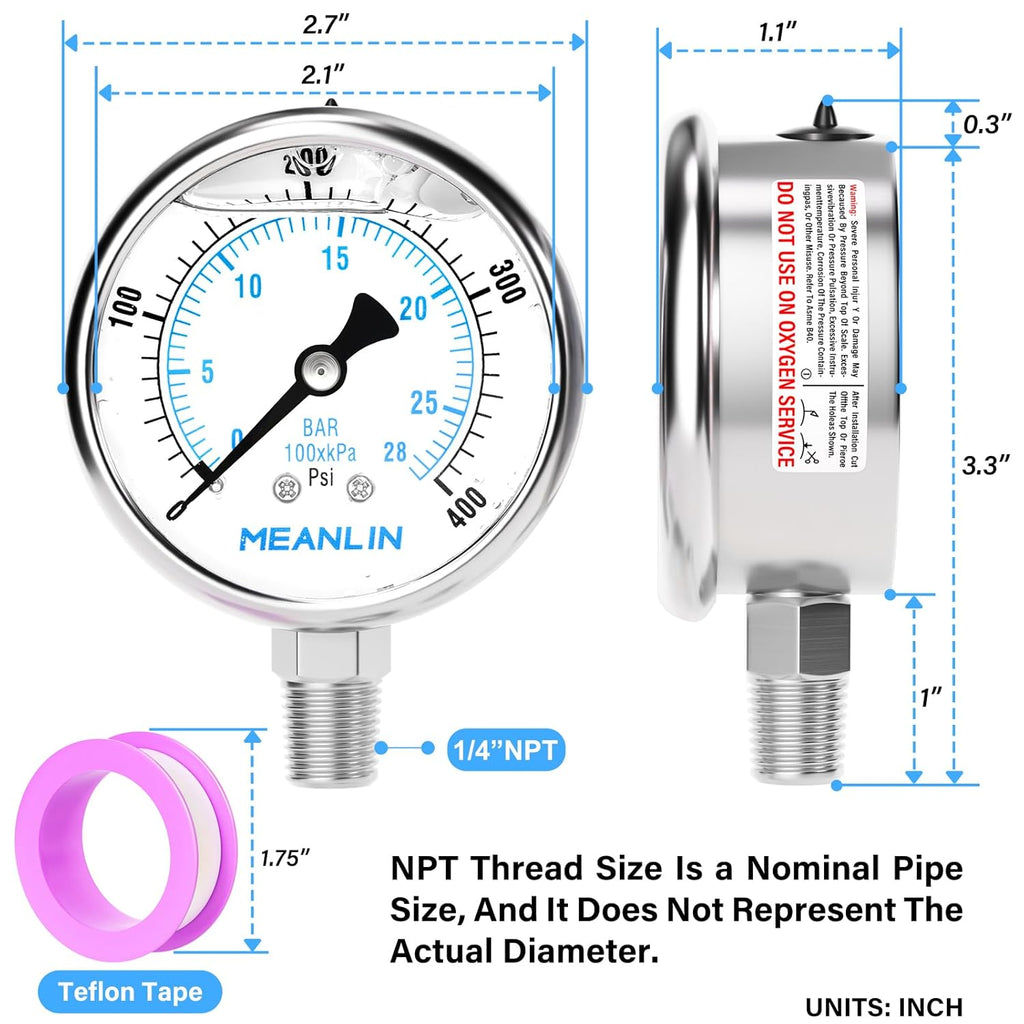 MEANLIN MEASURE 0~400Psi Liquid Filled Pressure Gauge Stainless Steel with 316 Stainless Steel Joint 1/4" NPT 2.5" FACE DIAL for Air Compressor Air Regulator Water Filter Lower Mount