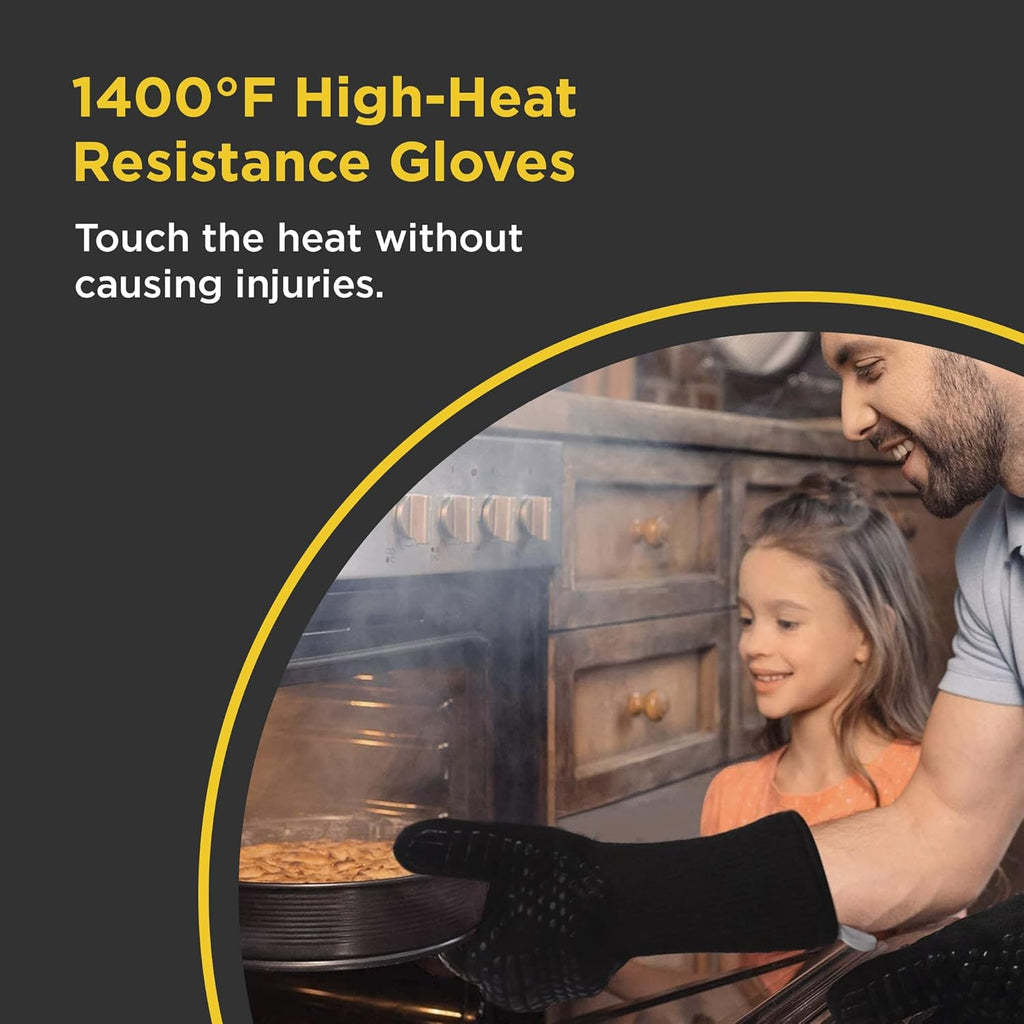 Insulated BBQ Heat Resistant Gloves - Neoprene & Polyester Barbecue Grilling Gloves with Silicone Pads for Gas Grill & Charcoal Grills Outdoor Cooking - 1400°F High Heat Fire BBQ Mittens by O-Yaki
