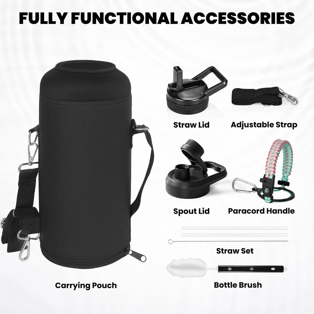 Insulated Water Bottle 87 oz, Triple Wall Vacuum Stainless Steel (Cold for 48 Hrs), Leak Proof & Non-BPA, Modern Water Flask Jug with Paracord Handle & Straw Spout Lids, Hydrangea