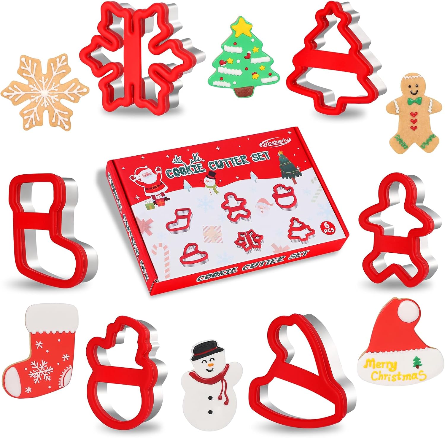Christmas Cookie Cutters, 6 Pcs Winter Holiday Cookie Cutter Set, Stainless Steel Cookie Molds with Comfort Grip - Christmas Stocking, Snowman, Christmas Tree, Gingerbread Man, Santa Hat, Snowflake