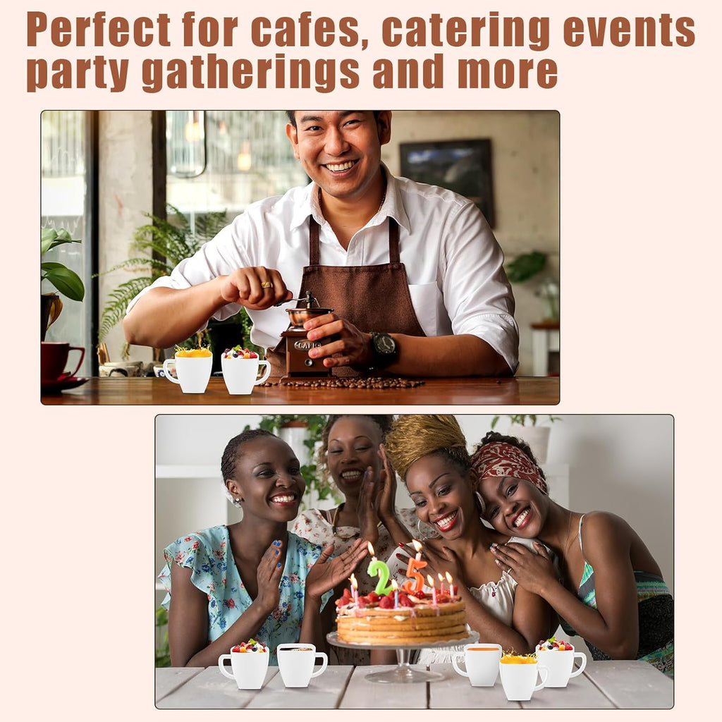 Amyhill 50 Pcs Disposable Tea Cups Mini Plastic Tea Cup Bulk with Handle Hard Plastic Coffee Mug Disposable Square Espresso Mug for Party Catering (White)