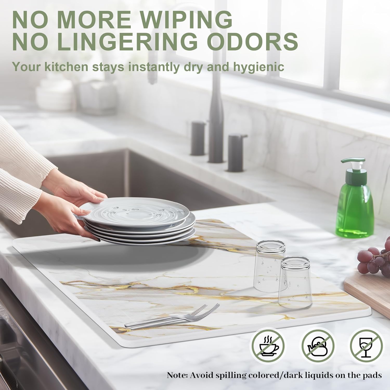 Large Stone Drying Mat for Kitchen Counter, 24" × 16" Diatomite Dish Drying Mat, Quick Dry Stone Mats, Ultra Absorbent Natural Diatomaceous Earth Mats for Dished, Bottles, White Marble