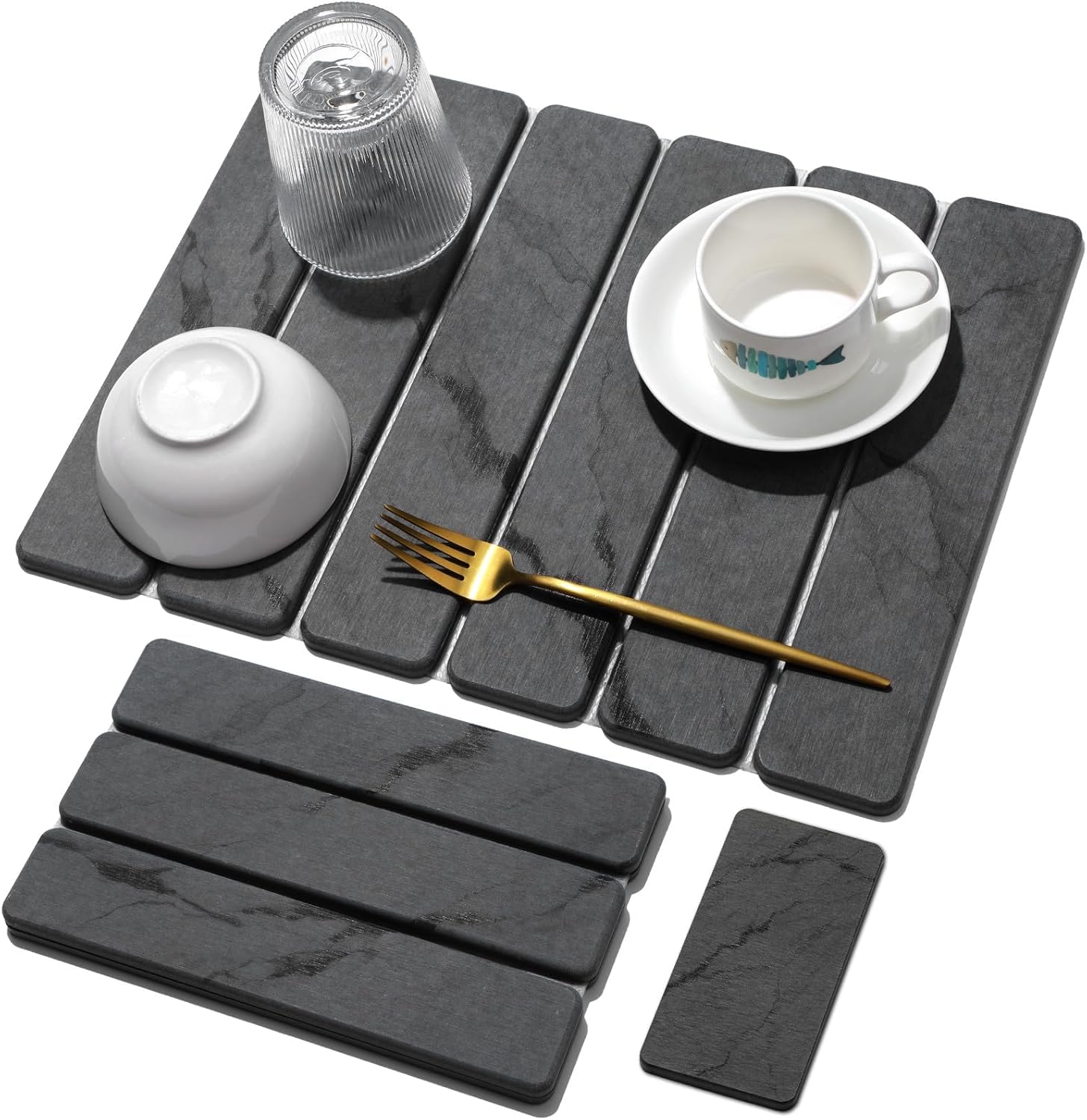 2 PCS Stone Dish Drying Mat for Kitchen Counter,Quick Dry Stone Dishes Mats,Marbled Water Absorbing Diatomaceous Earth Drying Pad for Countertop Bottles Utensils Cups(Dark Gray 16"×12" & 8"x4")