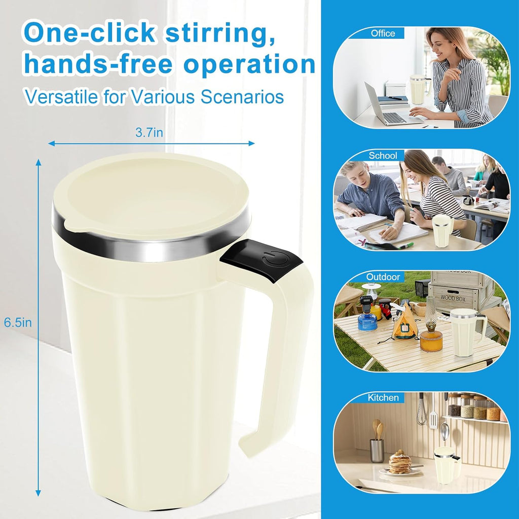 Self Stirring Coffee Mug with Temperature Display, 15oz Automatic Magnetic Mixing Cup, Rechargeable Travel Mug for Coffee, Milk, Cocoa - (White)