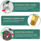 0-100PSI Stainless Steel Glycerin Filled Pressure Gauge 1.5" Black Dial Size, 1/8" NPT Back Mount, for Tube, Water Pump, Gas, Liquid, Pressure Test (with Range Mark Pointer)