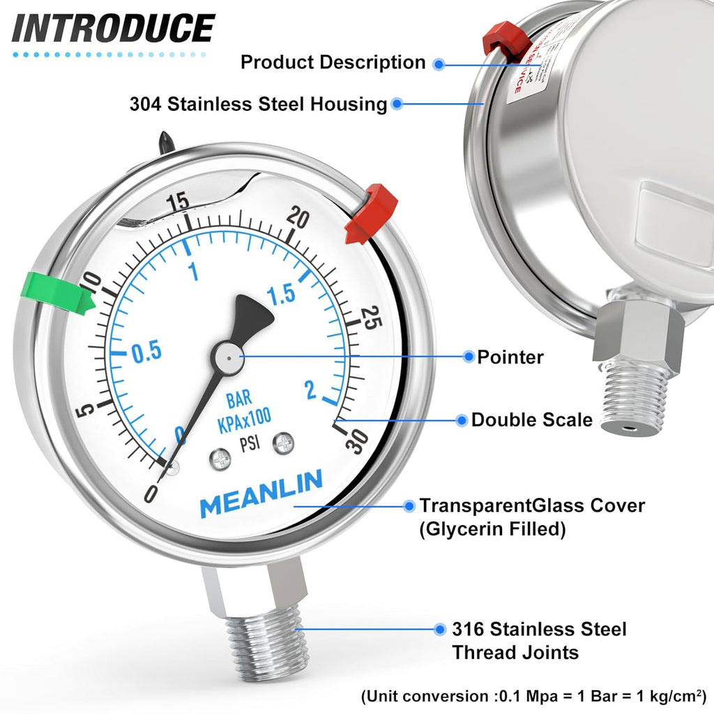 MEANLIN MEASURE 0~30Psi Stainless Steel Liquid Filled Pressure Gauge 2.5" FACE DIAL 1/4" NPT for Pool Sand Filter Water Oil Air Pressure Test Lower Mount with Stainless Steel Hex Bushing and Snaps