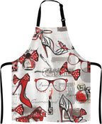 Fashion Girl Apron, Watercolor Red Lipstick Perfumes High Heels in Vintage Background for Woman Unisex Kitchen Bib with Adjustable Neck for Cooking Gardening,Adult Size