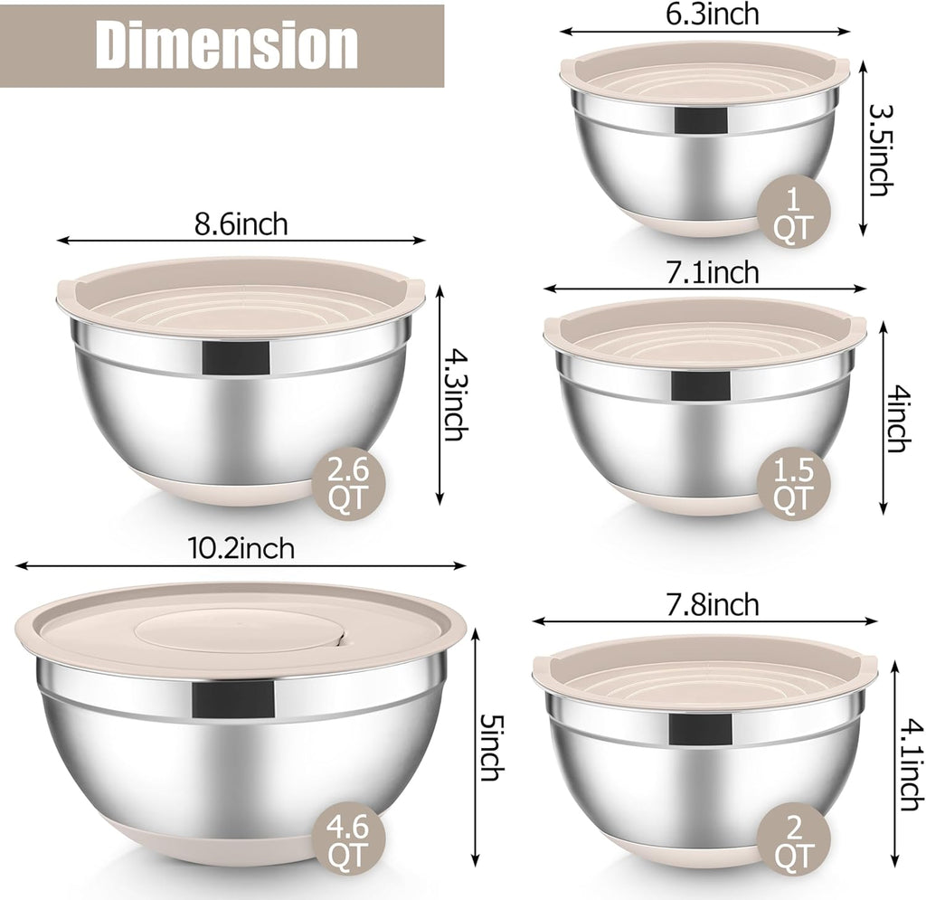 E-far Stainless Steel Mixing Bowls with Lids Set, 5-Piece Nesting Salad Bowls with 3 Grater Attachments and Non-Slip Bottoms, Size 4.6, 2.6, 2, 1.5, 1QT for Kitchen (Khaki)