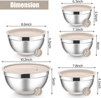 E-far Stainless Steel Mixing Bowls with Lids Set, 5-Piece Nesting Salad Bowls with 3 Grater Attachments and Non-Slip Bottoms, Size 4.6, 2.6, 2, 1.5, 1QT for Kitchen (Khaki)