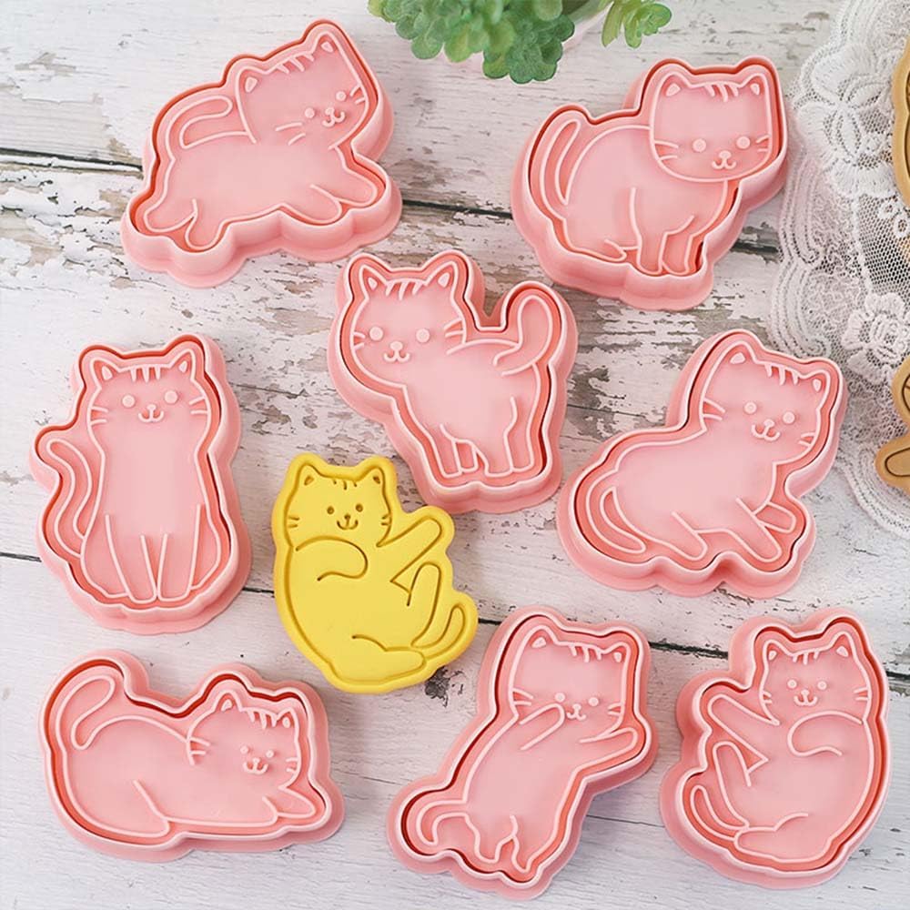 8pc 3D Cute Cat Cookie Stamps, Cupcake Pancake Apple Pie Pastry Biscuit Molds, Fruit & Sandwich Cutter Set for Cat Party Decorations