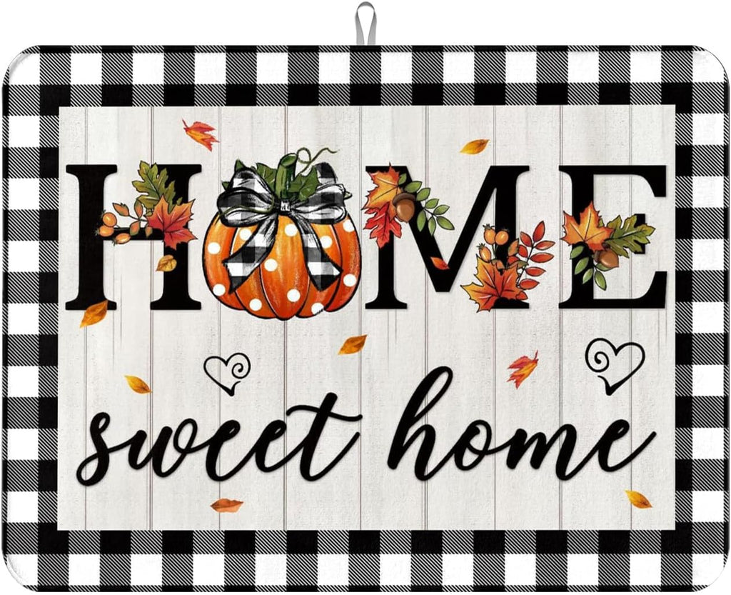 Autumn Fall Drying Mat Kitchen Countertop Pumpkin Black And White Check sweet Home 18 X 24 Inch Kitchen Coffee Bar Decoration, Absorbent Drying Mat