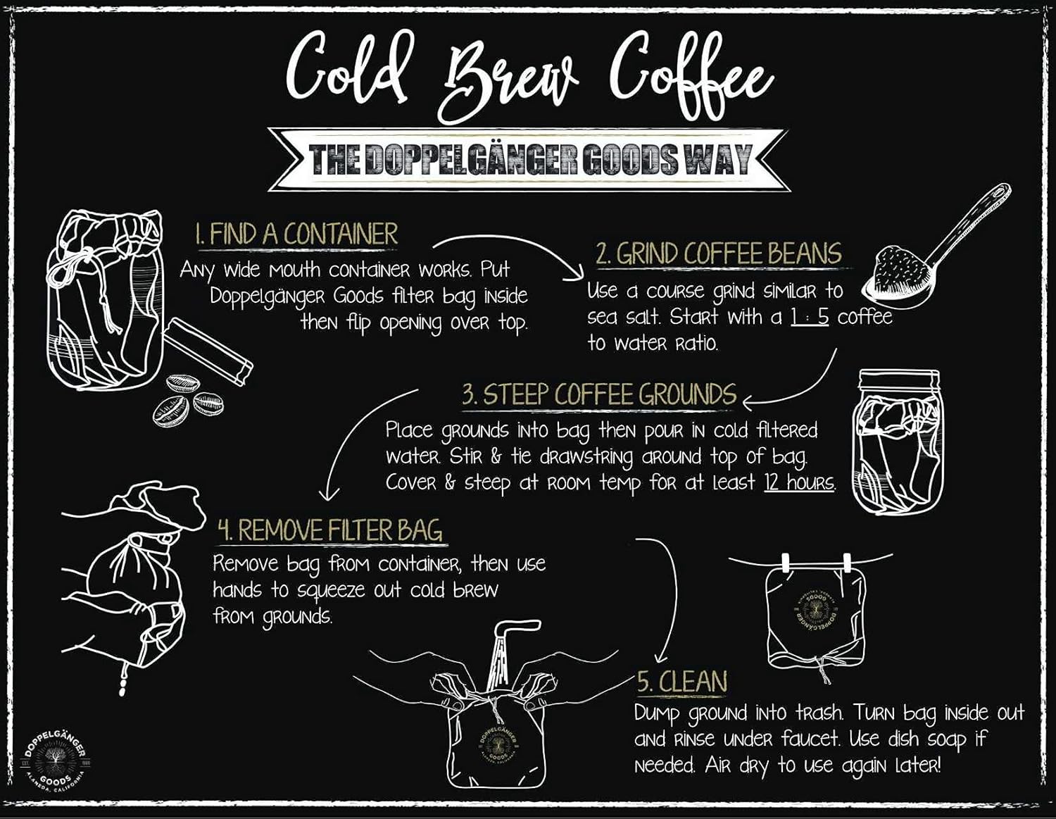 (2-Pack, Large 12in x 12in) Organic Cotton Cold Brew Coffee Bag - Designed in California - Reusable Coffee Filter with EasyOpen Drawstring Cold Brew Maker for Pitchers, Mason Jars, & Toddy Systems