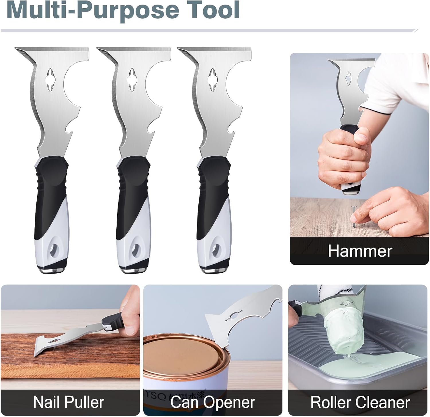 Mister Rui 10 in 1 Putty Knife - Multi Use Painters Tool, Taping Knife, Paint & Metal Scraper with Hammer End, Razor Blade Spackle Tool