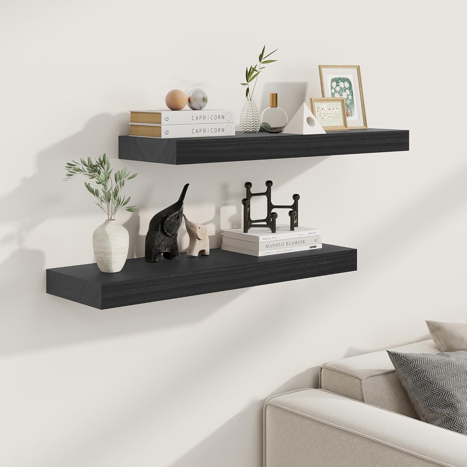 Fun Memories 9 Inch Deep Black Floating Shelves, Farmhouse Rustic Natural Wood Floating Shelf Wall Mounted, 30 x 9 Wall Shelves Set of 2, Deep Black Bathroom Shelves