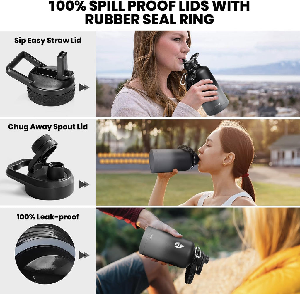 Insulated Water Bottle 64 oz, Triple Wall Vacuum Stainless Steel (Cold for 48 Hrs), Leak Proof & Non-BPA, Half Gallon Water Flask Jug with Paracord Handle & Straw Spout Lids, Dark Gray