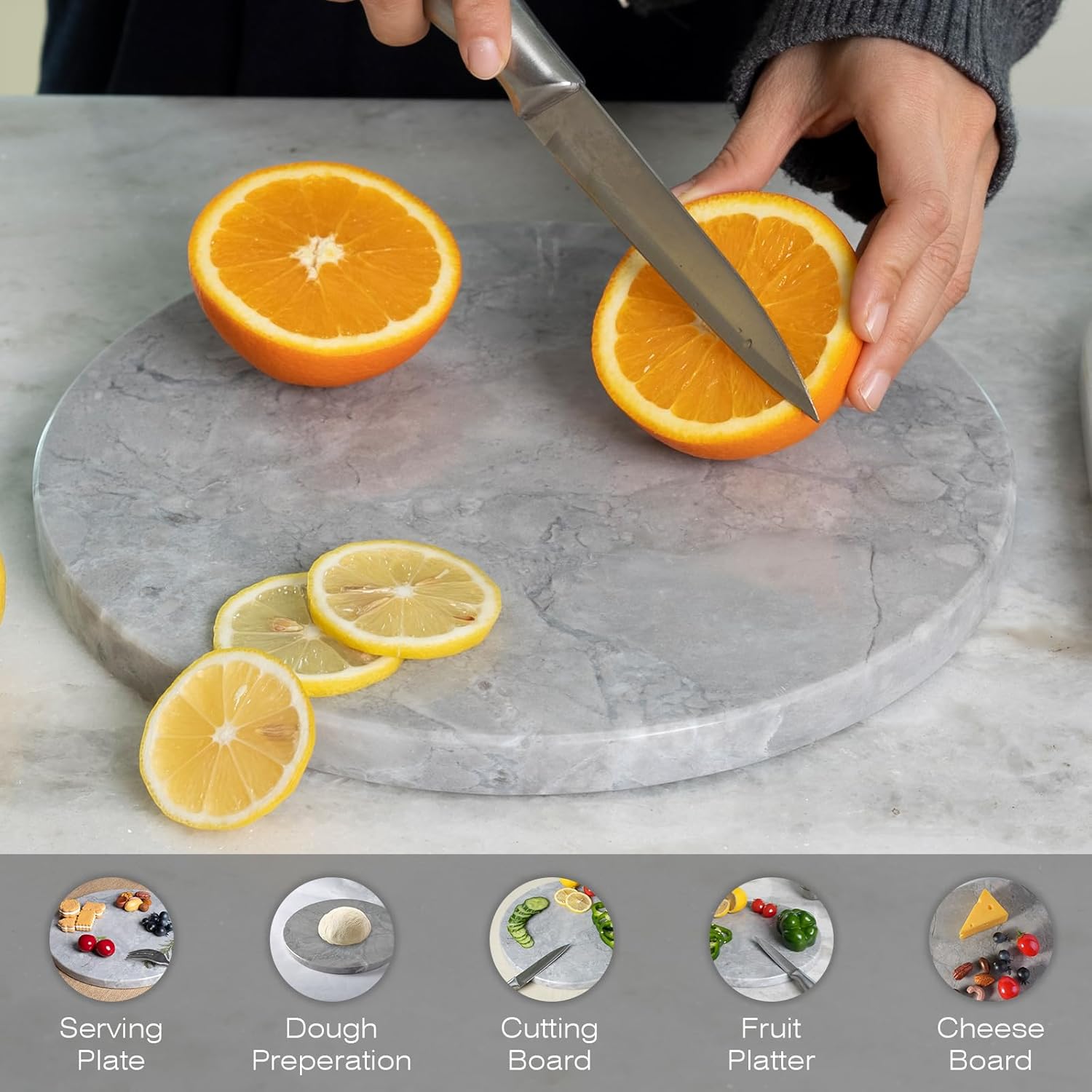 Koville Round Marble Pastry Cutting Board - 11" Gray Marble Cheese Board for Baking, Charcuterie, Pastry, Trivet - Non-Stick Heat Resistant Stone Cutting Boards for Kitchen