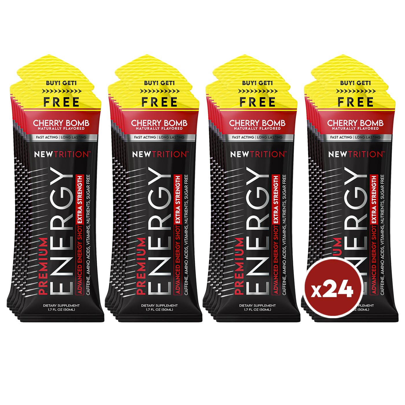 NewTrition® Extra Strength Energy Shots, 250mg Caffeine Energy Shots with Vitamin B & Amino Acids, Sugar-Free Vitamin Energy Shot, 1.7 fl oz (Pack of 24, Cherry Bomb)