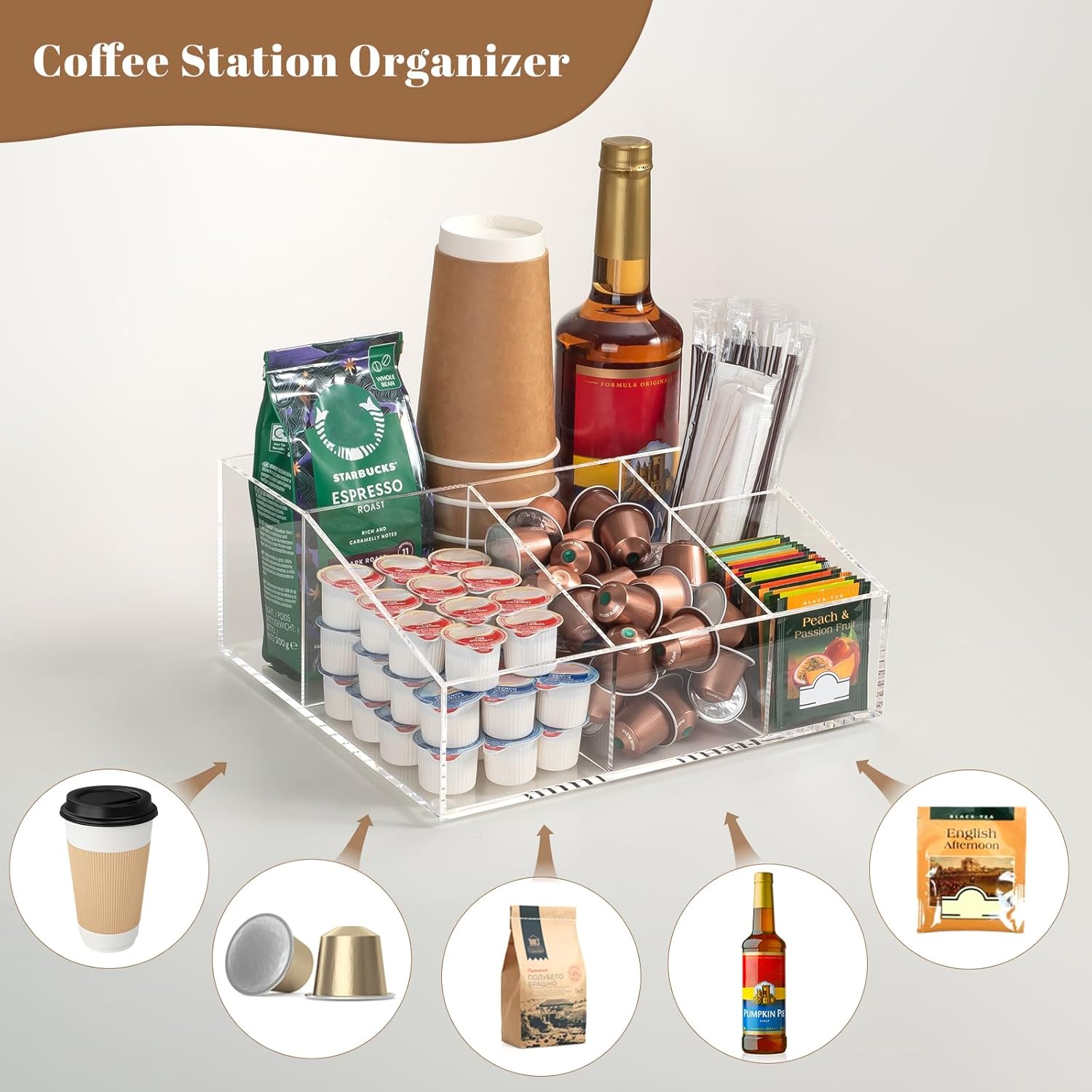 BEYGORM Acrylic Coffee Bar Station Organizer for Countertop,Office Breakroom Clear Snack Tea Storage Accessories Holder for Kcup Pod Condiment Cup Sugar Creamer Syrup, Coffee Gift for Coffee Lovers