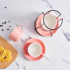 YOLIFE 8oz Porcelain Stackable Cappuccino Cups with Saucers and Metal Stand Set of 4, Coffee cups for Espresso, Specialty Coffee Drinks, Latte, Americano and Tea - Pink