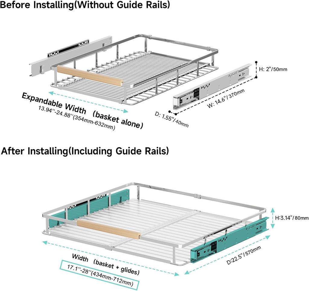 2Pack Expandable Pull Out Cabinet Organizer, Adjustable Width:17.1~28''W x 22.5''D Under Sink Organizer, Drawer Storage Shelves for Kitchen, Bathroom, Closet, Pantry, Cupboard, Pots, Pans