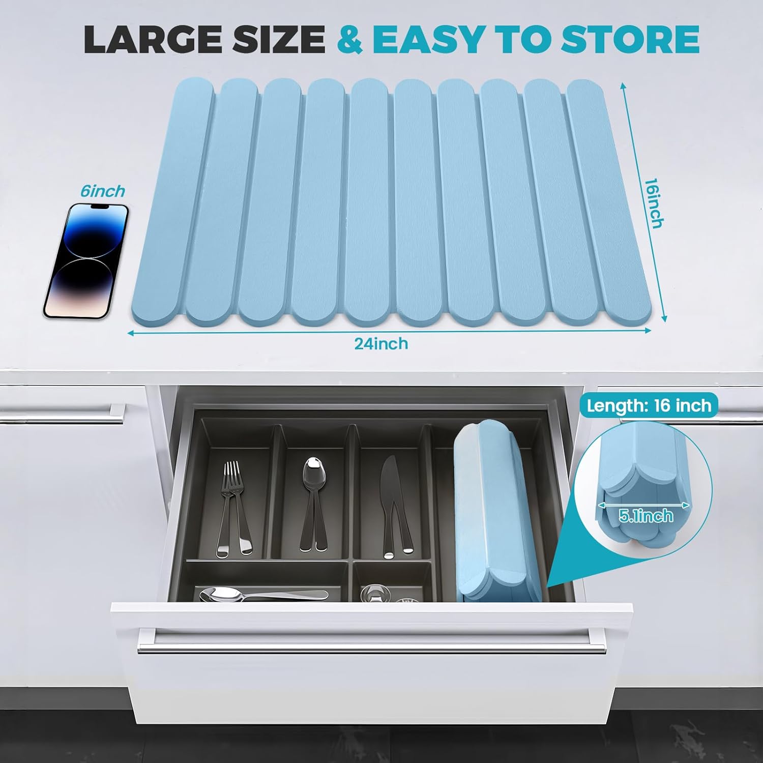 Extral Large Quick Dry Stone Drying Mat for Kitchen Counter,24"(L)x16"(W) Collapsible Eco-Friendly Absorbent Diatomaceous Earth Mat for Dishes Cups,Dish Drying Mats (Blue-Ellipse, 24x16 inch)