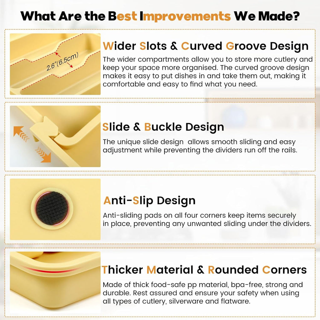 Caperci Large Silverware Organizer for Kitchen Drawer & Utensils - Expandable Drawer Organizer for Cutlery, Flatware & Gadget, BPA-Free Thick Plastic, Wider Compartments & Non-skid Feet (Desert Sand)