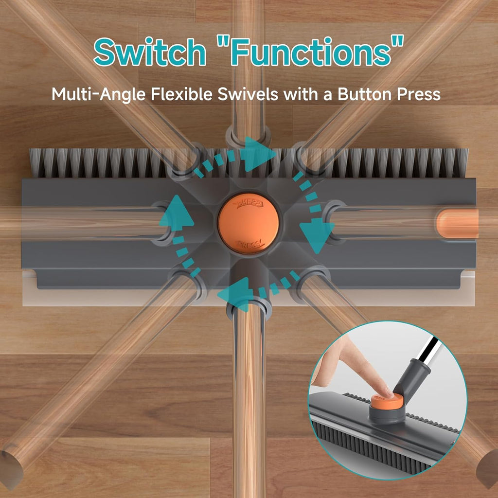 Floor Scrub Brush with Long Handle Length Adjustable, 3 in 1 Heavy-Duty Stiff 90° Bristle Floor Scrubber Broom with Squeegee, Cleaning Brush for Bathroom, Garage, Kitchen, Tile, Deck & Patio (Gray)