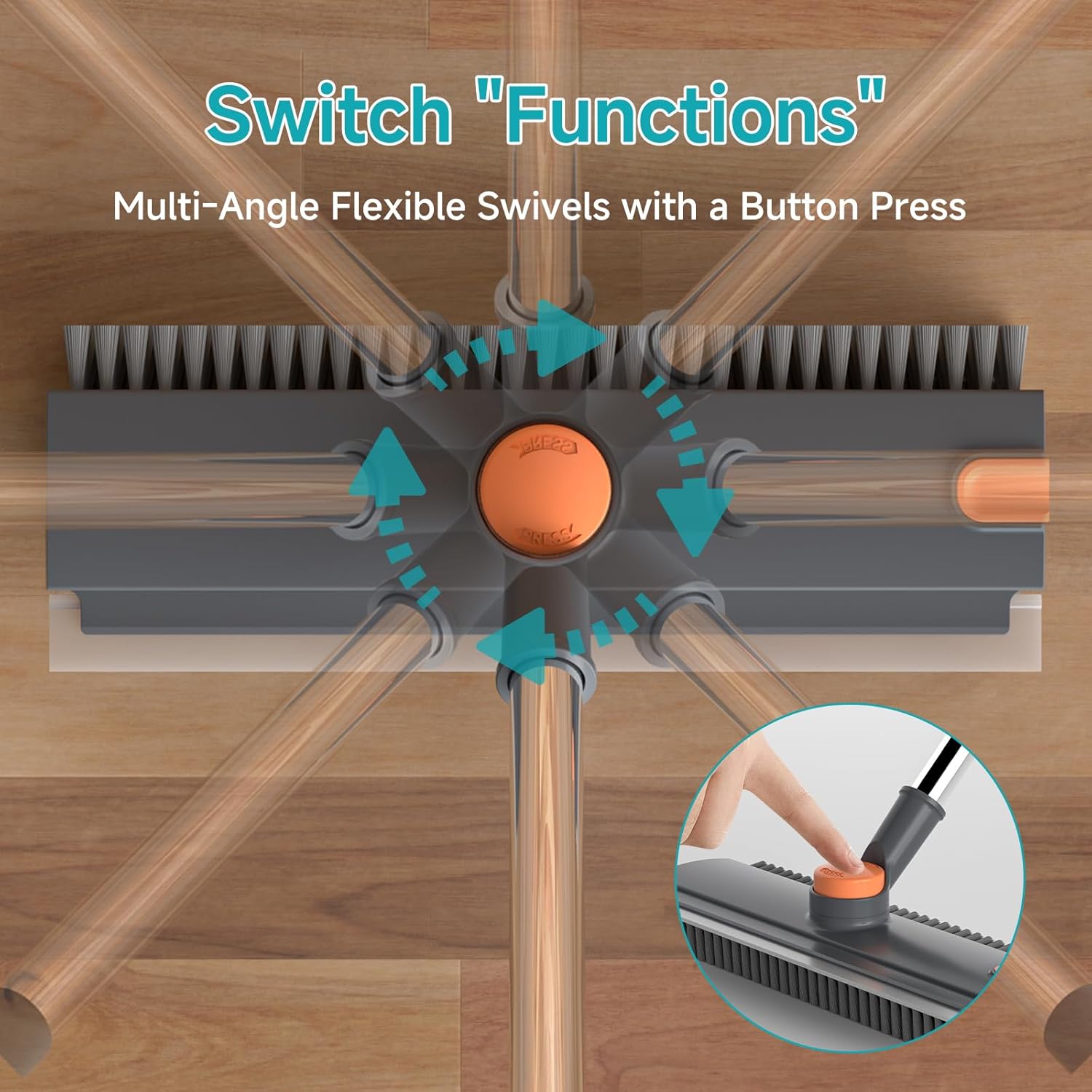 Floor Scrub Brush with Long Handle Length Adjustable, 3 in 1 Heavy-Duty Stiff 90° Bristle Floor Scrubber Broom with Squeegee, Cleaning Brush for Bathroom, Garage, Kitchen, Tile, Deck & Patio (Gray)