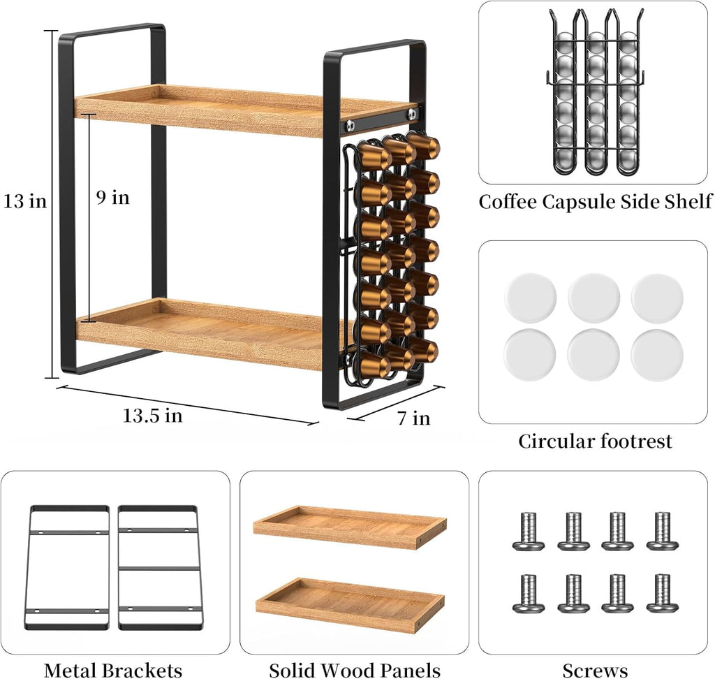 LEMIKKLE Coffee Station Organizer,Compatible with Nespresso Classic Pods 24pcs, Coffee Bar Accessories and Cup Storage Organizer, Wood Counter Shelves for Kitchen, Office, Countertop