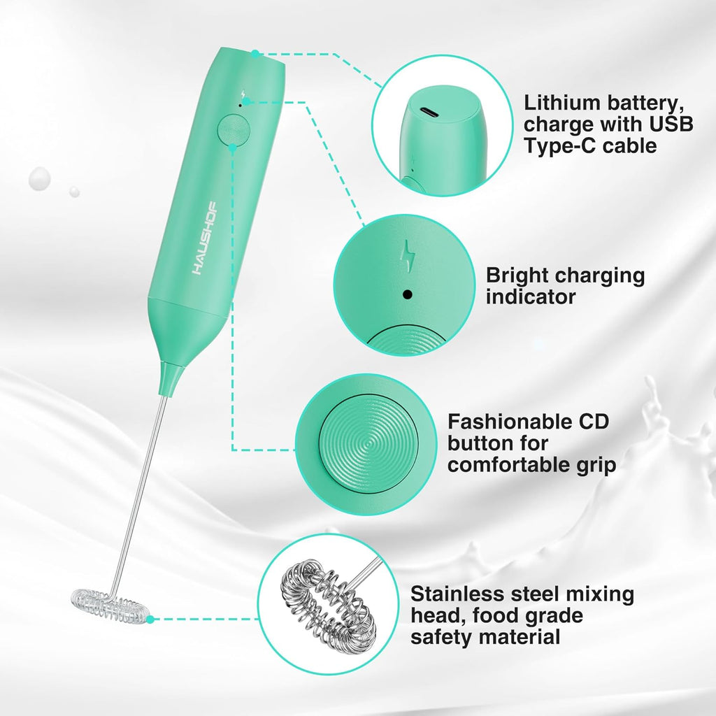 HAUSHOF Powerful Rechargeable Milk Frother Wand with Stand, Handheld Electric Foam Maker, Drink Mixer with Detachable Stainless Steel Whisk for Coffee Latte, Cappuccino, Matcha, Green